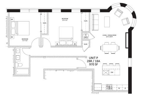 Floor plan for 2 beds, 1 bath, 970 sqft